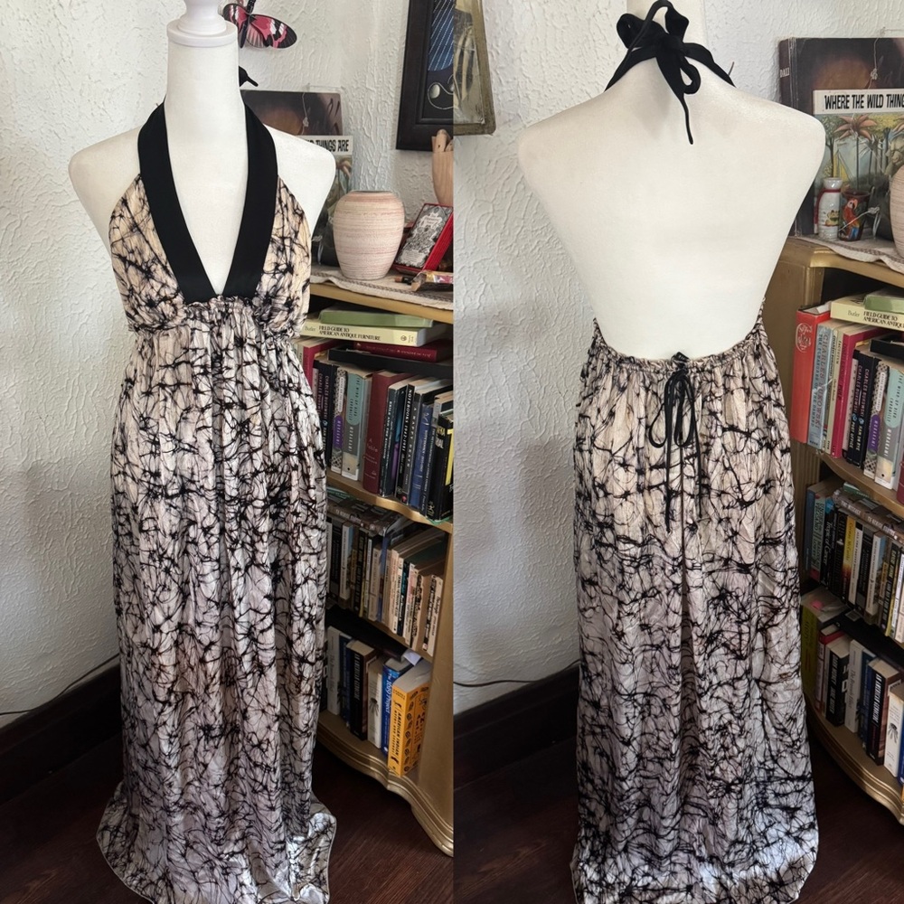 Black Halo halter 100% silk size small backless maxi dress